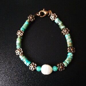 Green Sea Sediment Jasper + Copper Flowers + Real Pearl -  Dainty Girly Tomboys